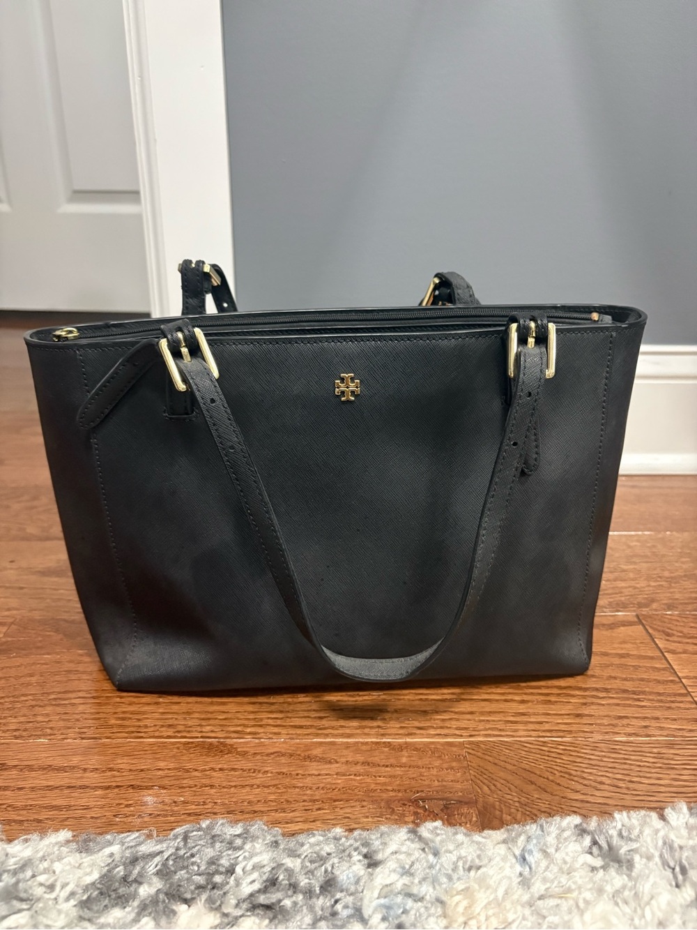 Tory Burch Black Leather Tote with Gold Logo